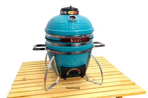 Image of Icon Grills 100 Series 12-inch Table top Ceramic Kamado Grill Teal w/ Stainless Steel Stand | CG101TEAL |  Kamado Grills Depot